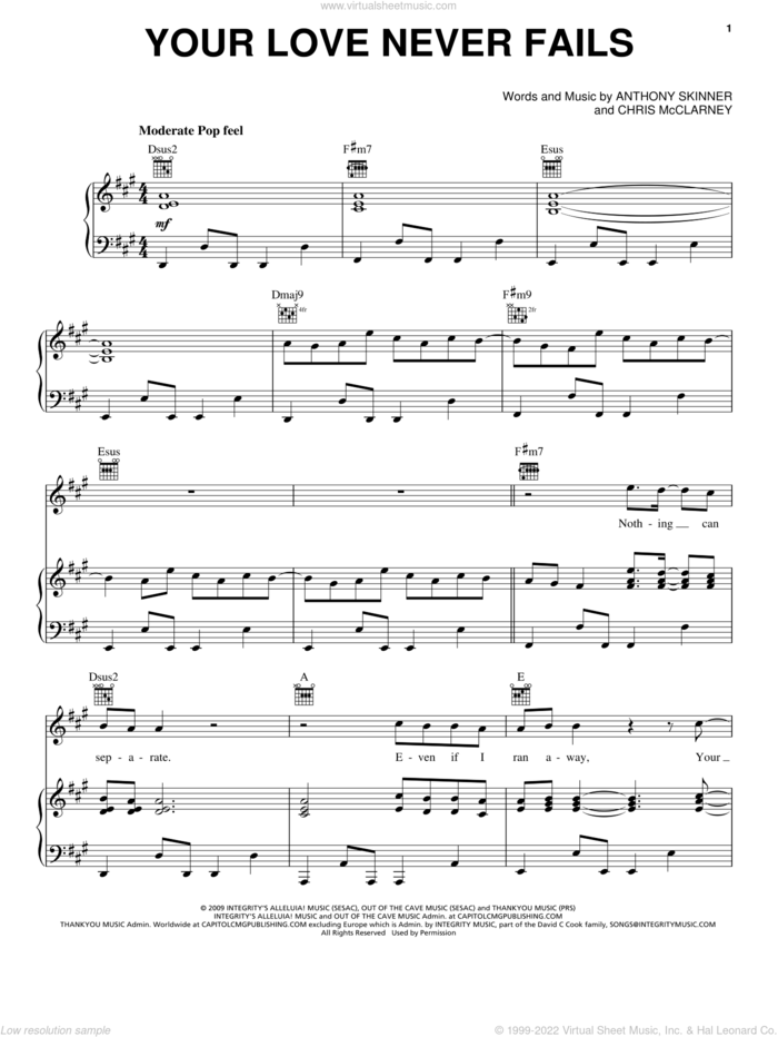 Your Love Never Fails sheet music for voice, piano or guitar by Jesus Culture, Anthony Skinner and Chris McClarney, intermediate skill level