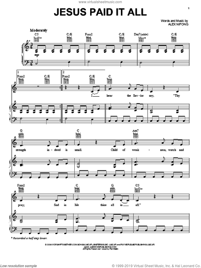 Jesus Paid It All sheet music for voice, piano or guitar by Alex Nifong, intermediate skill level