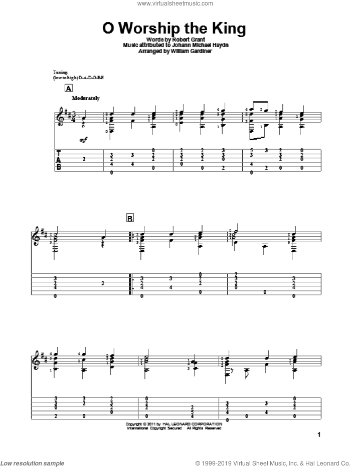 O Worship The King sheet music for guitar solo by Robert Grant, Johann Michael Haydn and William Gardiner, intermediate skill level