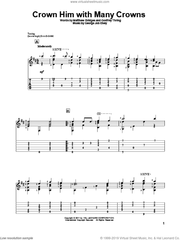 Crown Him With Many Crowns sheet music for guitar solo by Matthew Bridges, George Job Elvey and Godfrey Thring, intermediate skill level
