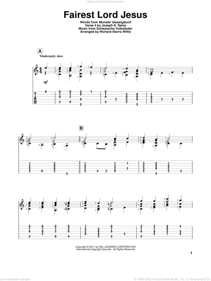 Fairest Lord Jesus sheet music for guitar solo by Munster Gesangbuch and Joseph August Seiss, intermediate skill level
