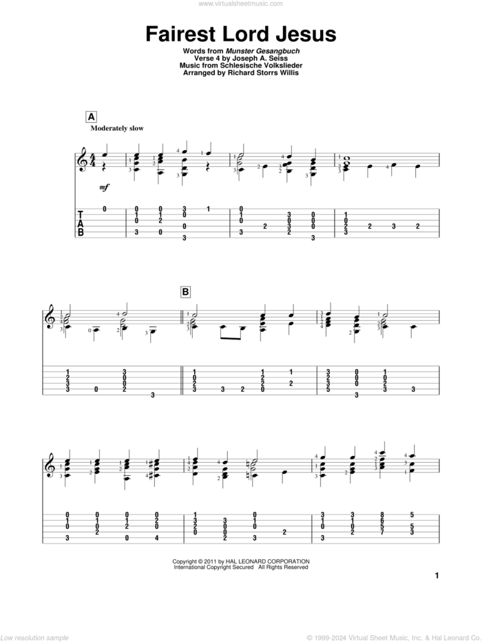 Fairest Lord Jesus sheet music for guitar solo by Munster Gesangbuch and Joseph August Seiss, intermediate skill level