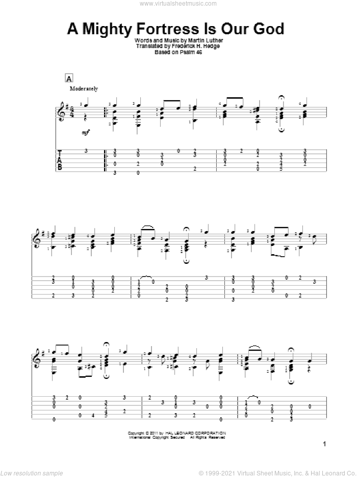 A Mighty Fortress Is Our God sheet music for guitar solo by Martin Luther and Frederick H. Hedge, intermediate skill level