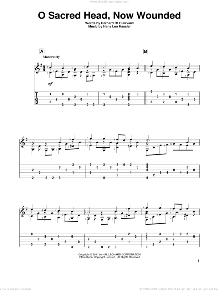 O Sacred Head, Now Wounded sheet music for guitar solo by Bernard of Clairvaux, Hans Leo Hassler and James Alexander, intermediate skill level