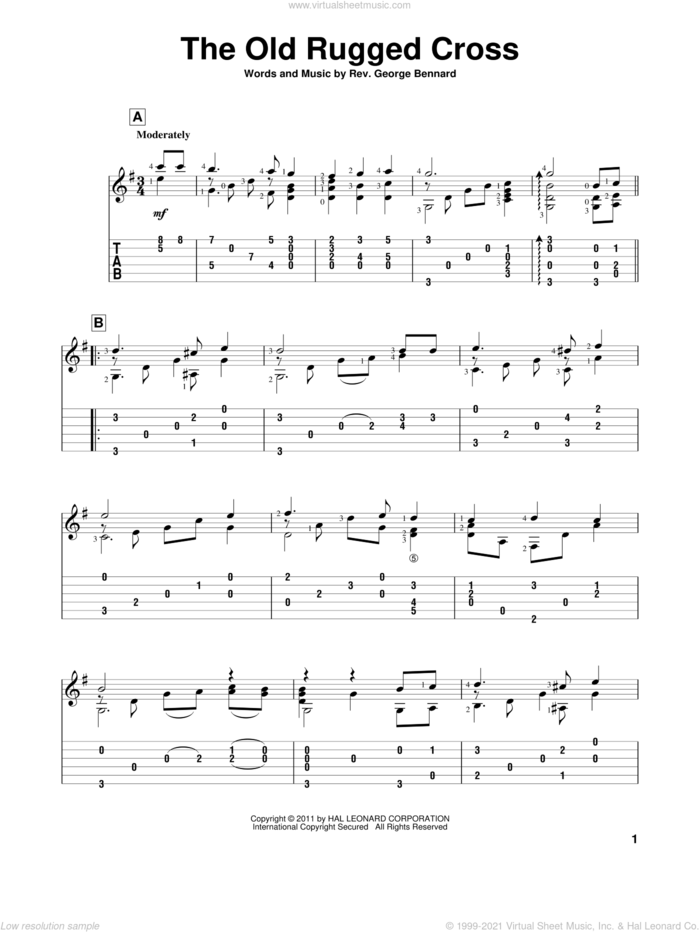 The Old Rugged Cross sheet music for guitar solo by Rev. George Bennard, intermediate skill level