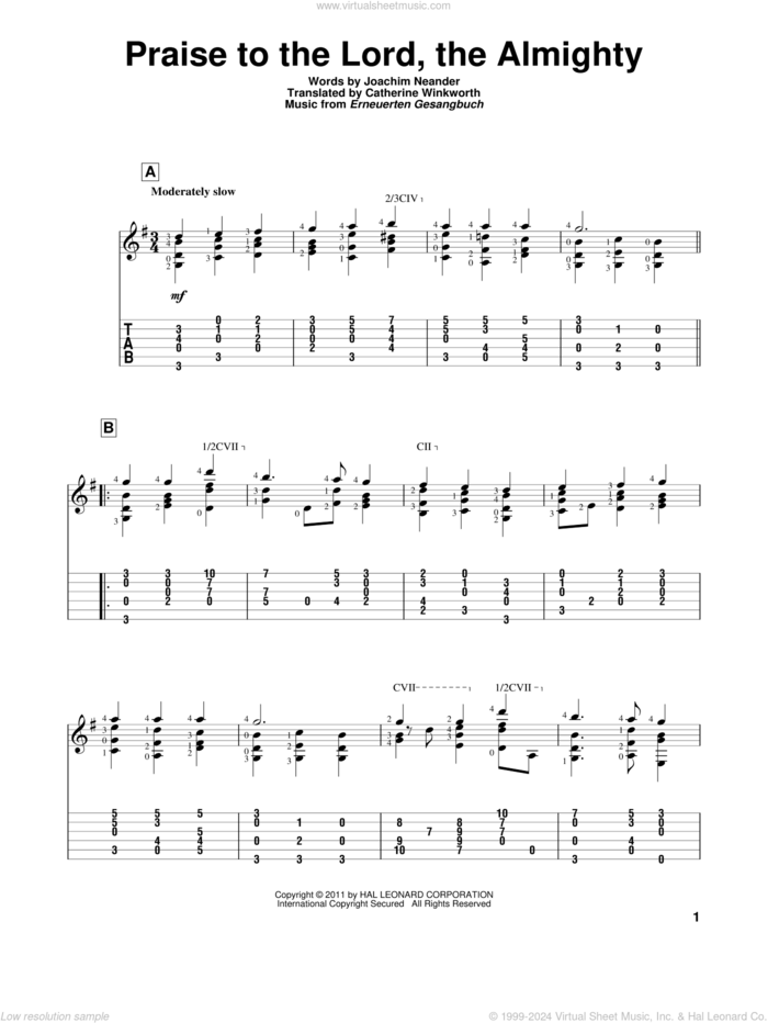 Praise To The Lord, The Almighty sheet music for guitar solo by Joachim Neander, Catherine Winkworth and Erneuerten Gesangbuch, intermediate skill level