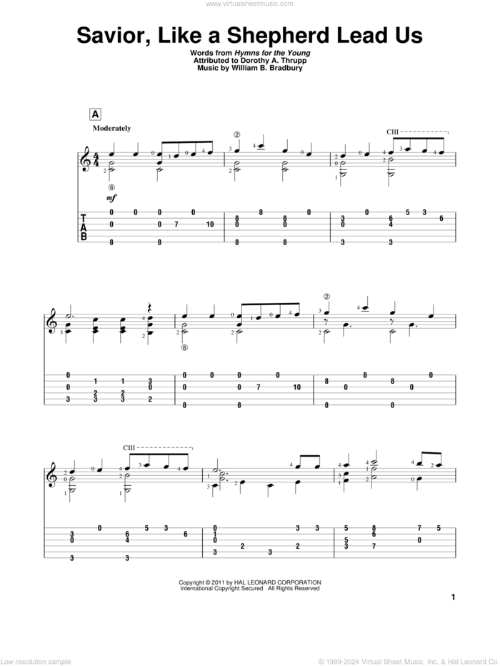 Savior, Like A Shepherd Lead Us sheet music for guitar solo by William B. Bradbury and Dorothy A. Thrupp, wedding score, intermediate skill level