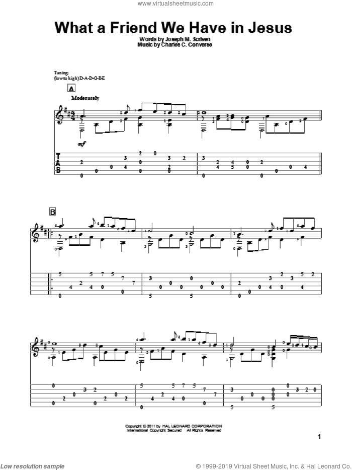 What A Friend We Have In Jesus sheet music for guitar solo by Joseph M. Scriven and Charles C. Converse, intermediate skill level
