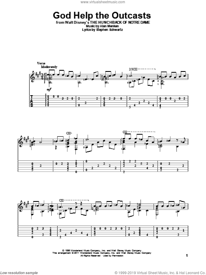 God Help The Outcasts (from The Hunchback Of Notre Dame) sheet music for guitar solo by Bette Midler, Alan Menken and Stephen Schwartz, intermediate skill level