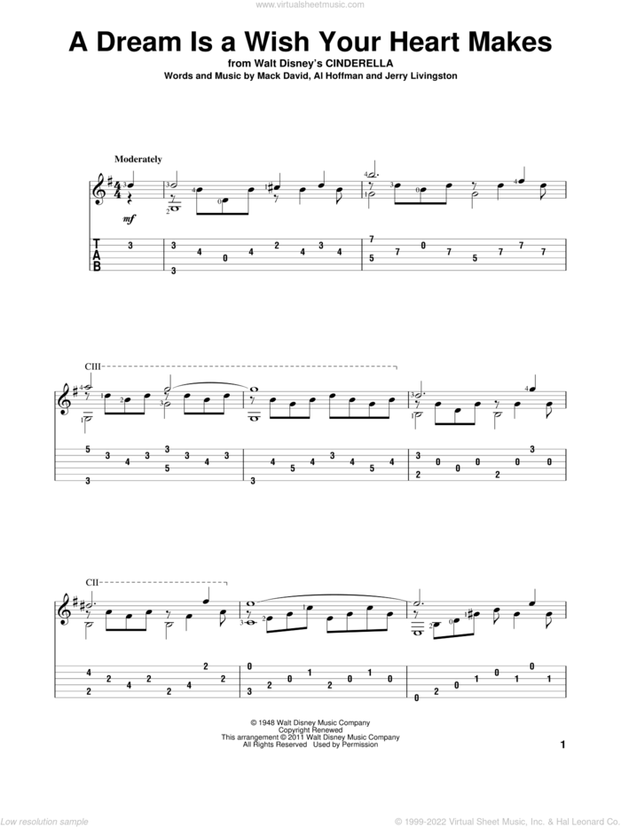 A Dream Is A Wish Your Heart Makes (from Cinderella) sheet music for guitar solo by Al Hoffman, Ilene Woods, Linda Ronstadt, Jerry Livingston and Mack David, wedding score, intermediate skill level