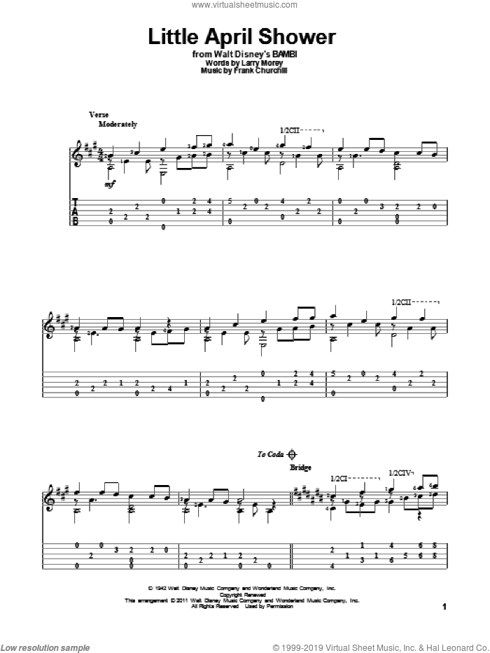 Little April Shower sheet music for guitar solo by Frank Churchill and Larry Morey, intermediate skill level