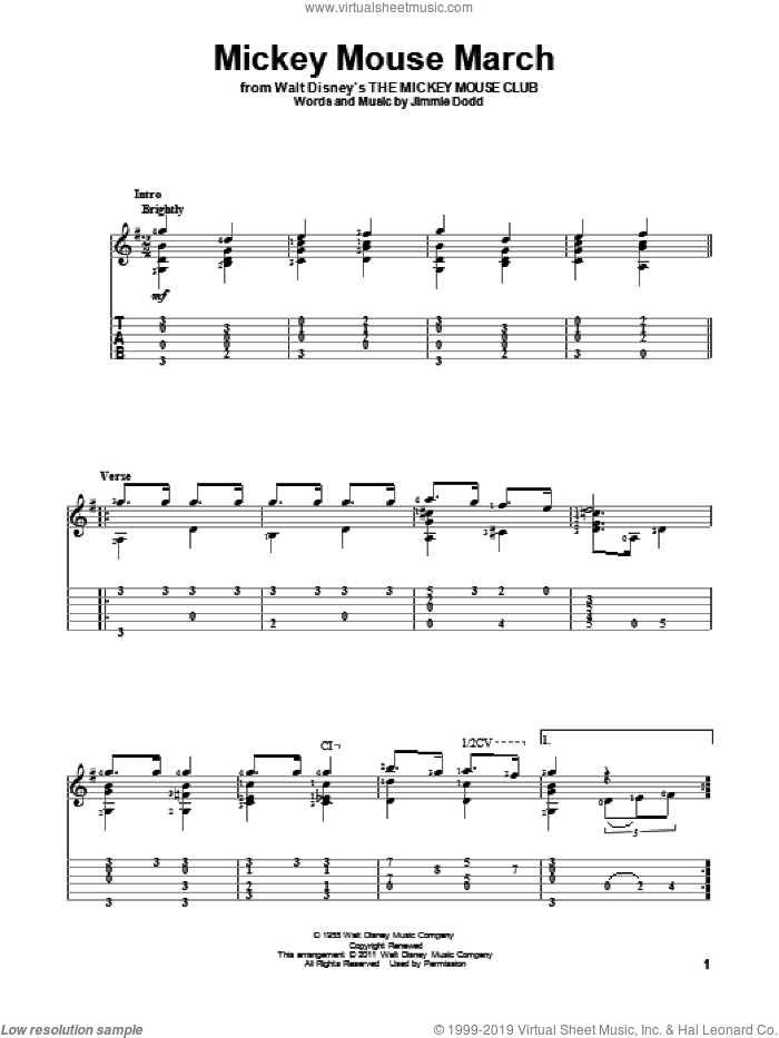 Mickey Mouse March (from The Mickey Mouse Club) sheet music for guitar solo by Jimmie Dodd, intermediate skill level