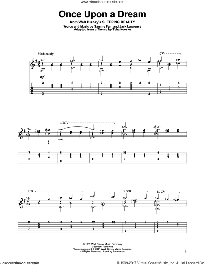 Once Upon A Dream sheet music for guitar solo by Sammy Fain and Jack Lawrence, intermediate skill level