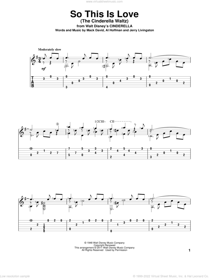 So This Is Love (from Cinderella) sheet music for guitar solo by Mack David, Al Hoffman, Jerry Livingston and Mack David, Al Hoffman and Jerry Livingston, intermediate skill level