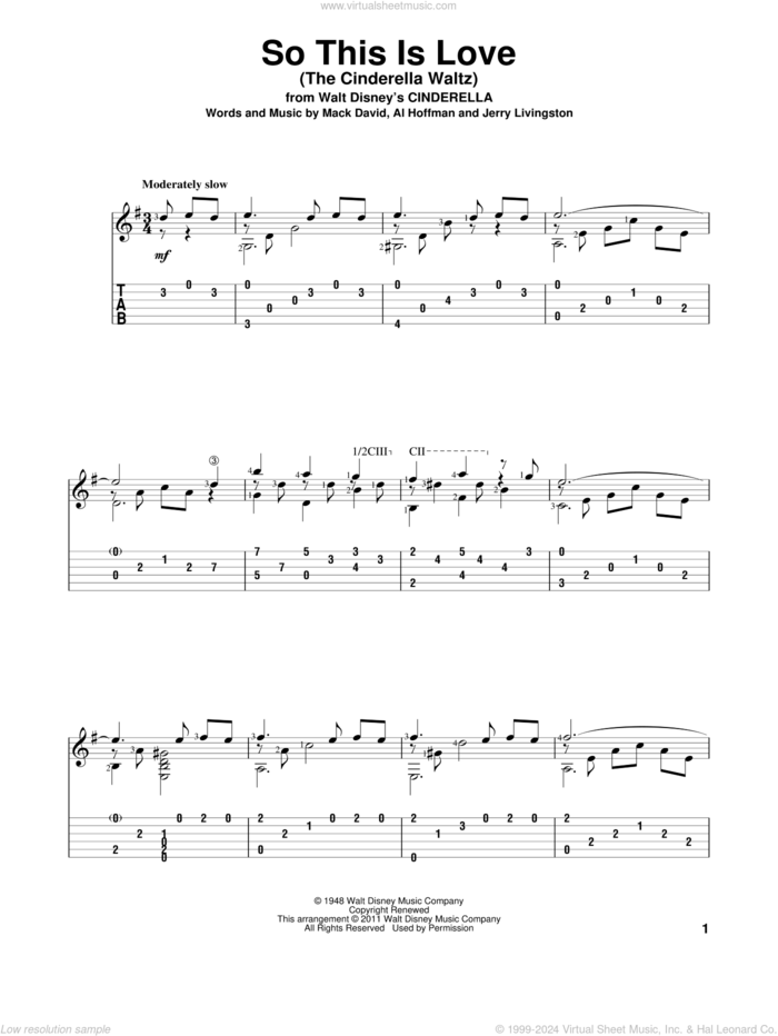 So This Is Love (from Cinderella) sheet music for guitar solo by Mack David, Al Hoffman, Jerry Livingston and Mack David, Al Hoffman and Jerry Livingston, intermediate skill level