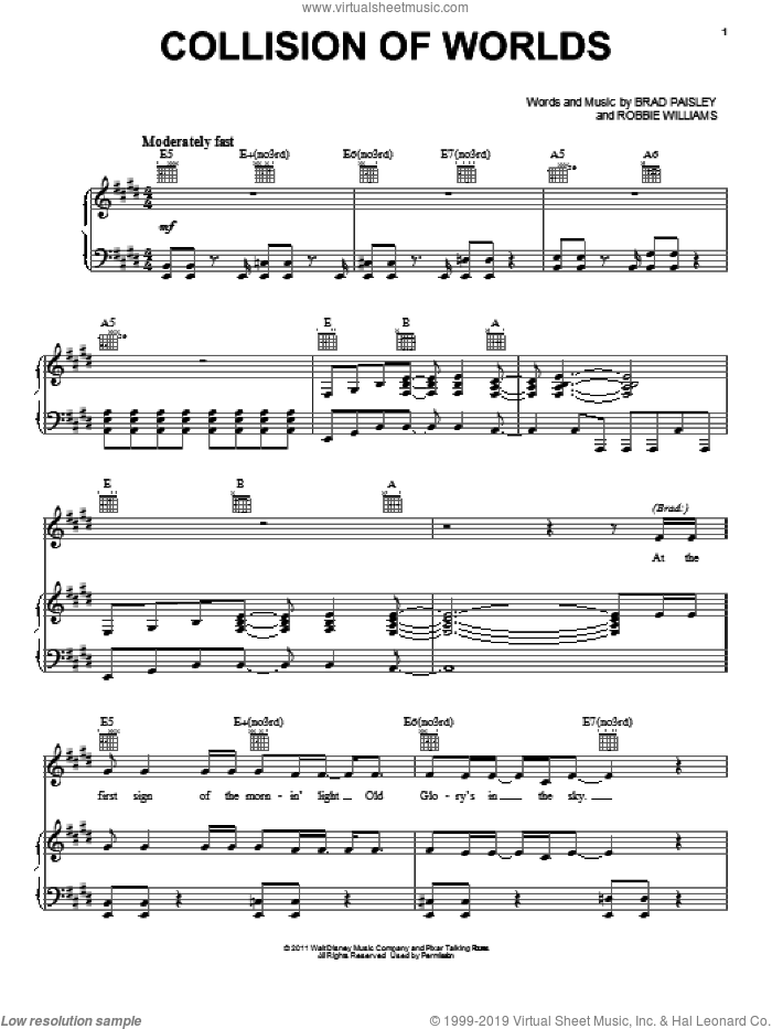 Collision Of Worlds sheet music for voice, piano or guitar by Brad Paisley and Robbie Williams, Cars 2 (Movie), Brad Paisley, Michael Giacchino and Robbie Williams, intermediate skill level