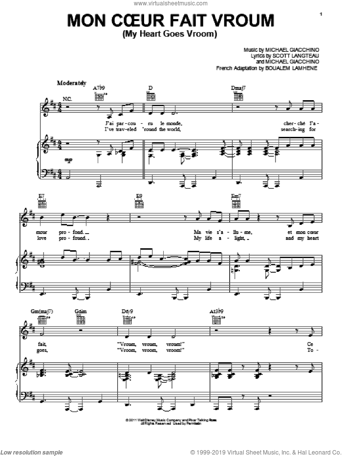 Mon Coeur Fait Vroum (My Heart Goes Vroom) (from Cars 2) sheet music for voice, piano or guitar by Benabar, Cars 2 (Movie), Boualem Lamhene, Michael Giacchino and Scott Langteau, intermediate skill level