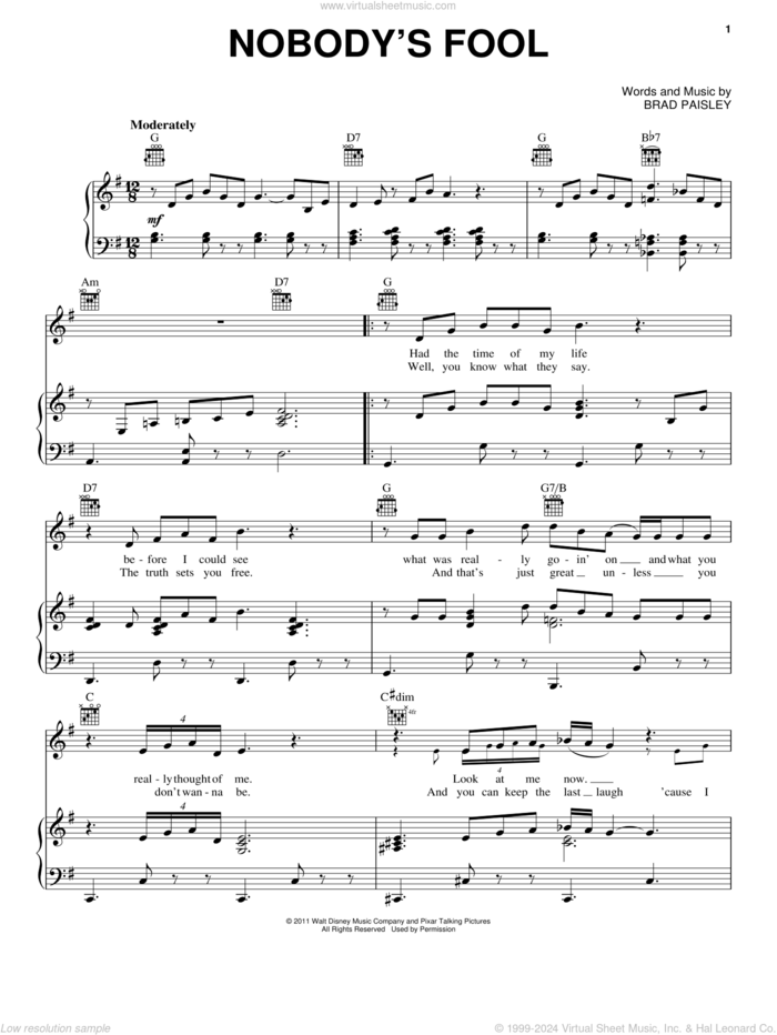 Nobody's Fool sheet music for voice, piano or guitar by Brad Paisley, Cars 2 (Movie) and Michael Giacchino, intermediate skill level