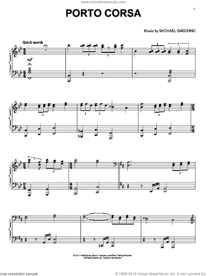 Porto Corsa sheet music for piano solo by Michael Giacchino and Cars 2 (Movie), intermediate skill level