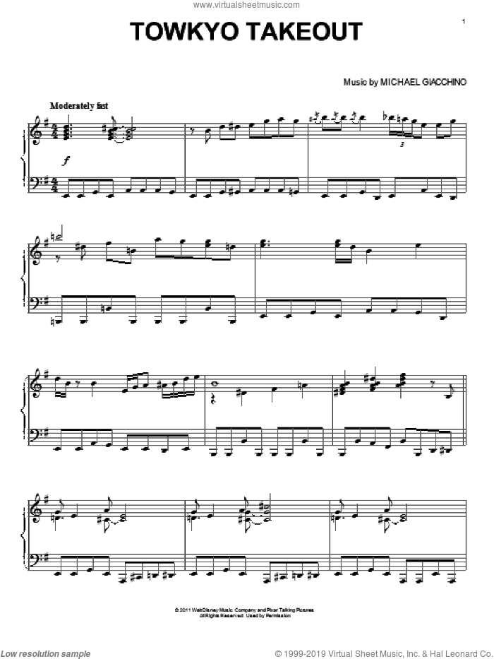 Towkyo Takeout sheet music for piano solo by Michael Giacchino and Cars 2 (Movie), intermediate skill level