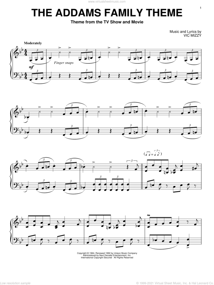 The Addams Family Theme, (intermediate) sheet music for piano solo by Vic Mizzy, intermediate skill level