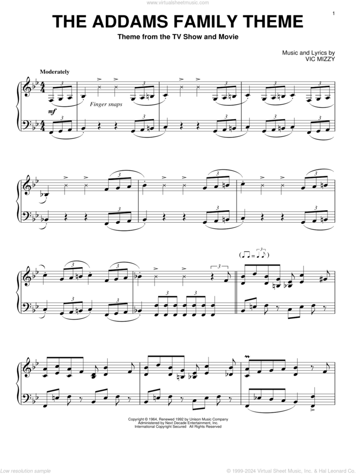 The Addams Family Theme, (intermediate) sheet music for piano solo by Vic Mizzy, intermediate skill level