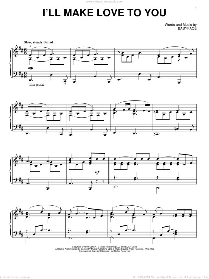 I'll Make Love To You sheet music for piano solo by Boyz II Men and Babyface, wedding score, intermediate skill level