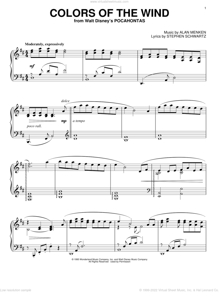 Colors Of The Wind (from Pocahontas), (intermediate) sheet music for piano solo by Alan Menken, Vanessa Williams and Stephen Schwartz, intermediate skill level