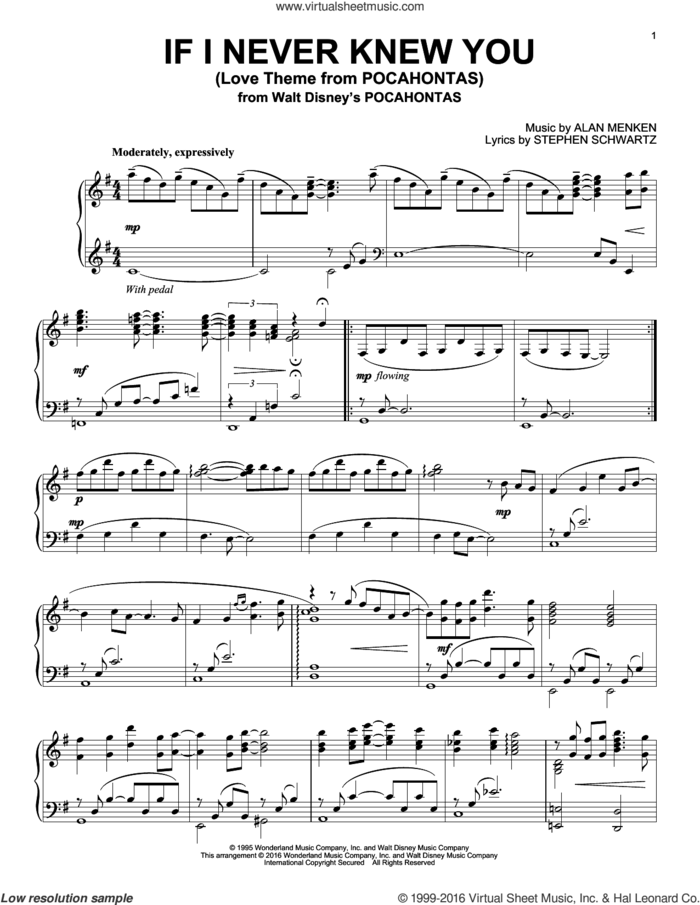 If I Never Knew You (Love Theme from POCAHONTAS) sheet music for piano solo by Jon Seceda, Alan Menken and Stephen Schwartz, intermediate skill level