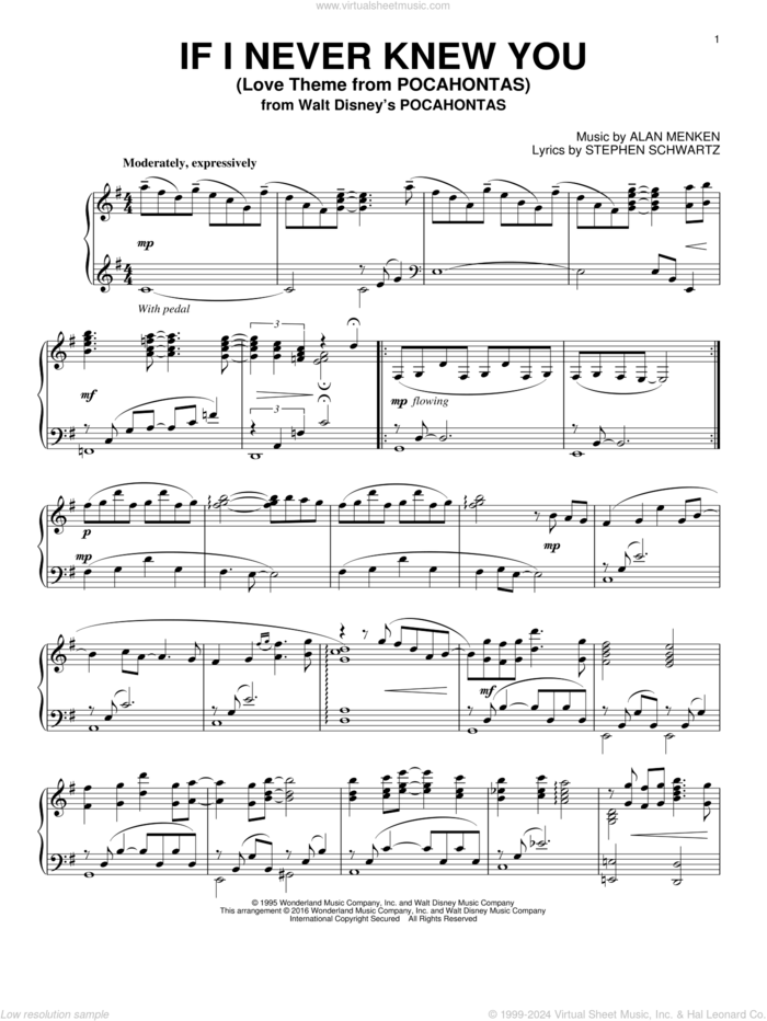 If I Never Knew You (End Title) (from Pocahontas) sheet music for piano solo by Jon Seceda, Jon Secada and Shanice, Alan Menken and Stephen Schwartz, intermediate skill level