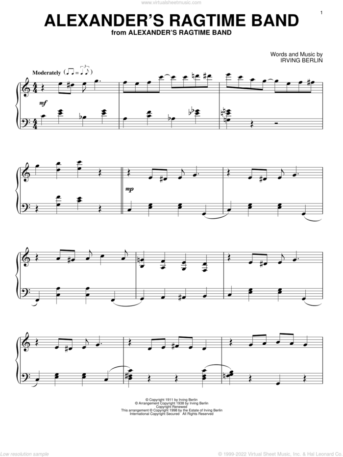 Alexander's Ragtime Band sheet music for piano solo by Irving Berlin, Alice Faye and Emma Carus, intermediate skill level