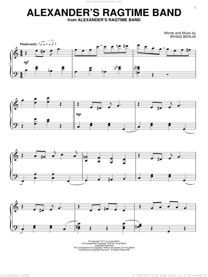 Alexander's Ragtime Band sheet music for piano solo by Irving Berlin, Alice Faye and Emma Carus, intermediate skill level