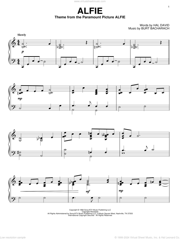 Alfie (arr. Phillip Keveren) sheet music for piano solo by Bacharach & David, Burt Bacharach and Hal David, intermediate skill level