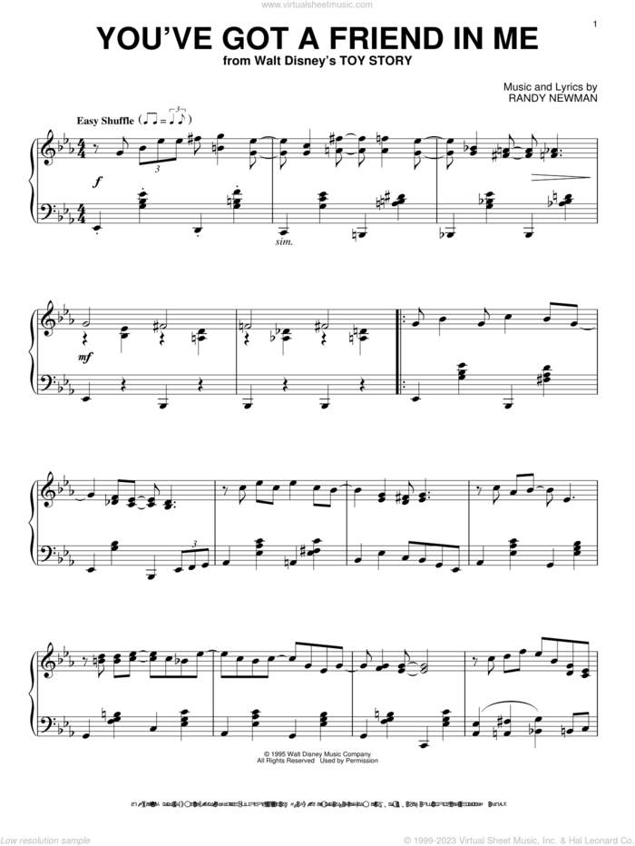 You've Got A Friend In Me (from Toy Story) sheet music for piano solo by Randy Newman and Toy Story (Movie), intermediate skill level