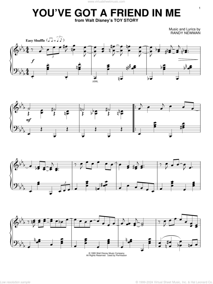 You've Got A Friend In Me (from Toy Story) sheet music for piano solo by Randy Newman and Toy Story (Movie), intermediate skill level