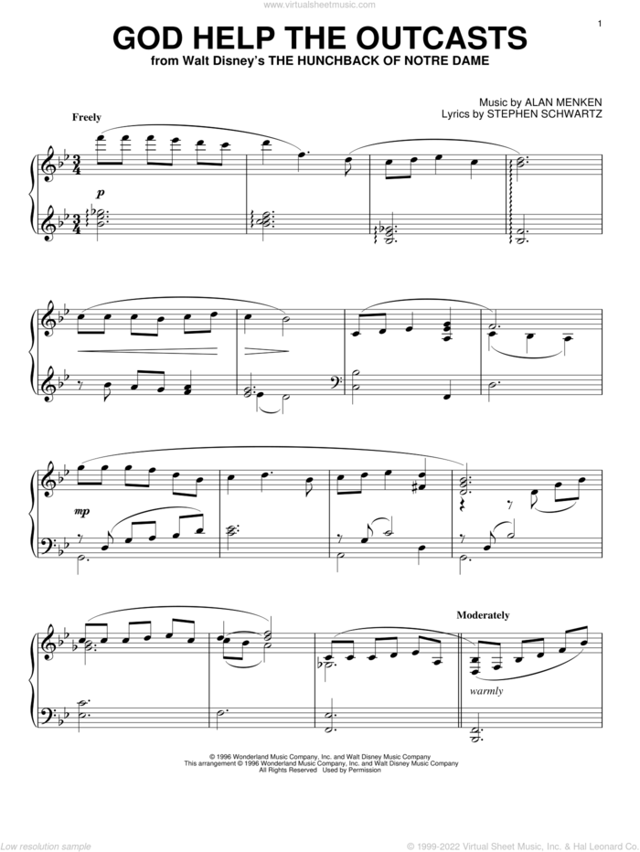 God Help The Outcasts (from The Hunchback Of Notre Dame), (intermediate) sheet music for piano solo by Bette Midler, Alan Menken and Stephen Schwartz, intermediate skill level