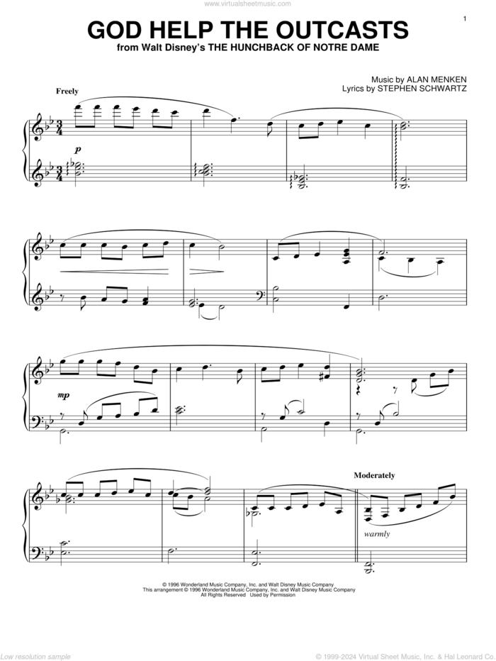 God Help The Outcasts (from The Hunchback Of Notre Dame), (intermediate) sheet music for piano solo by Bette Midler, Alan Menken and Stephen Schwartz, intermediate skill level