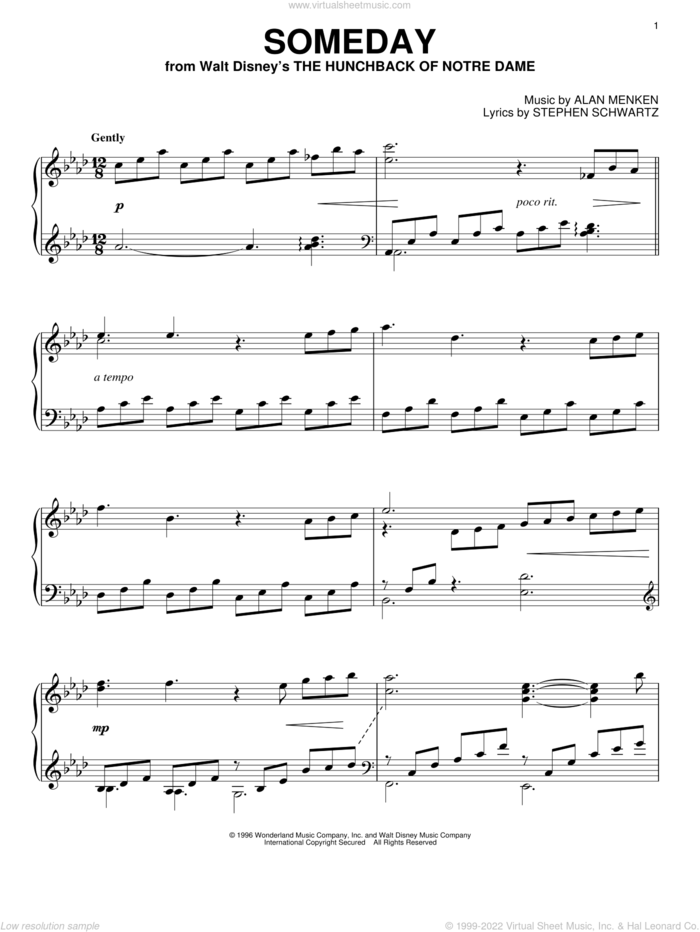 Someday (from The Hunchback Of Notre Dame), (intermediate) sheet music for piano solo by All-4-One, Donna Summer, Alan Menken and Stephen Schwartz, intermediate skill level