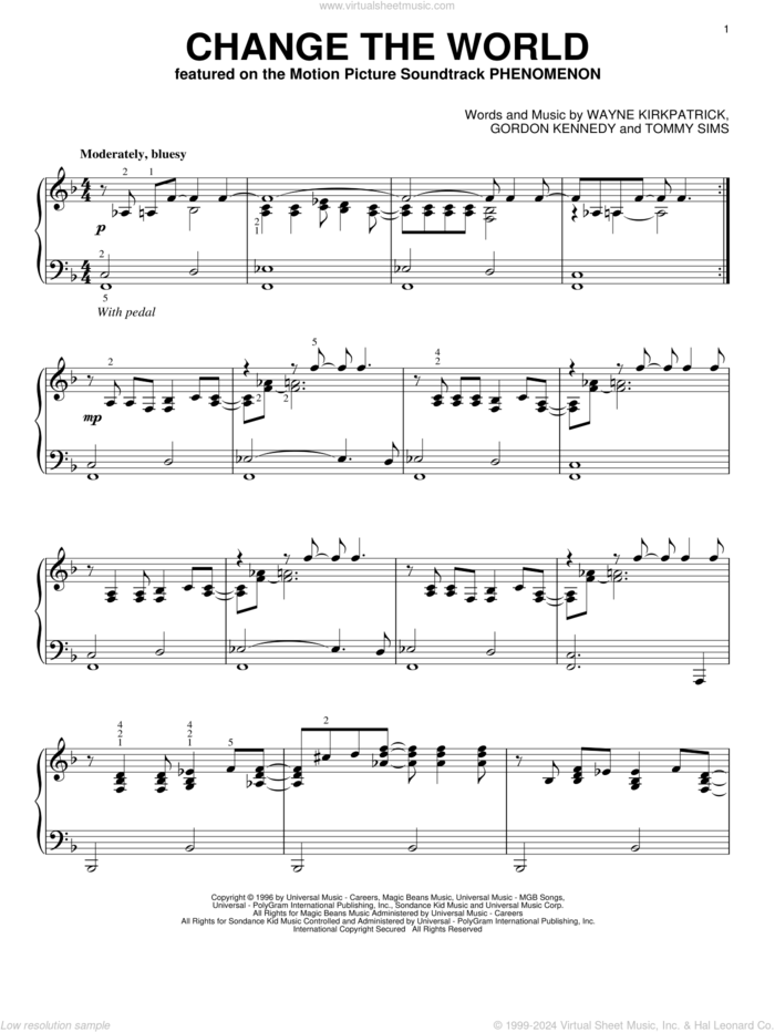 Change The World sheet music for piano solo by Eric Clapton, Wynonna, Gordon Kennedy, Tommy Sims and Wayne Kirkpatrick, intermediate skill level