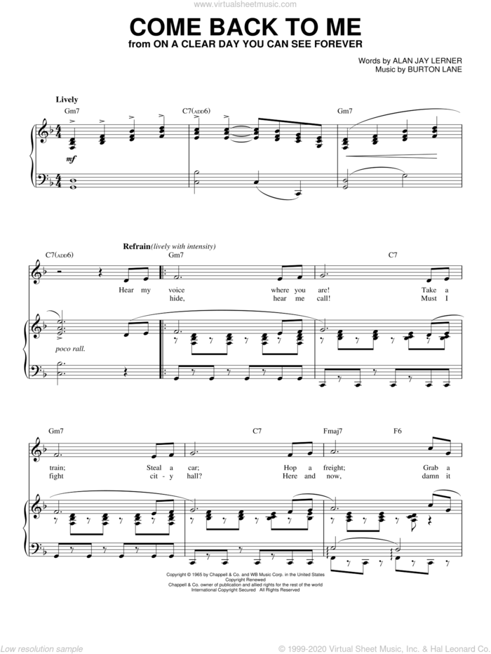 Come Back To Me sheet music for voice, piano or guitar by Shirley Horn, Alan Jay Lerner and Burton Lane, intermediate skill level