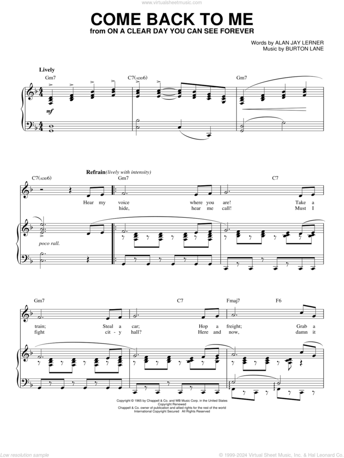 Come Back To Me sheet music for voice, piano or guitar by Shirley Horn, Alan Jay Lerner and Burton Lane, intermediate skill level