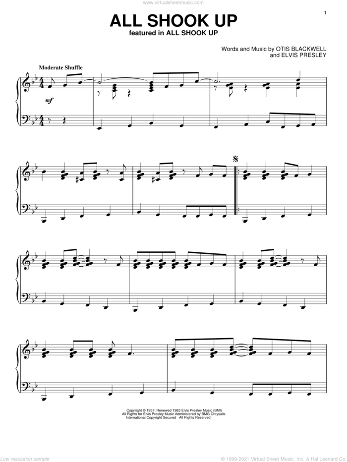 All Shook Up, (intermediate) sheet music for piano solo by Elvis Presley and Otis Blackwell, intermediate skill level