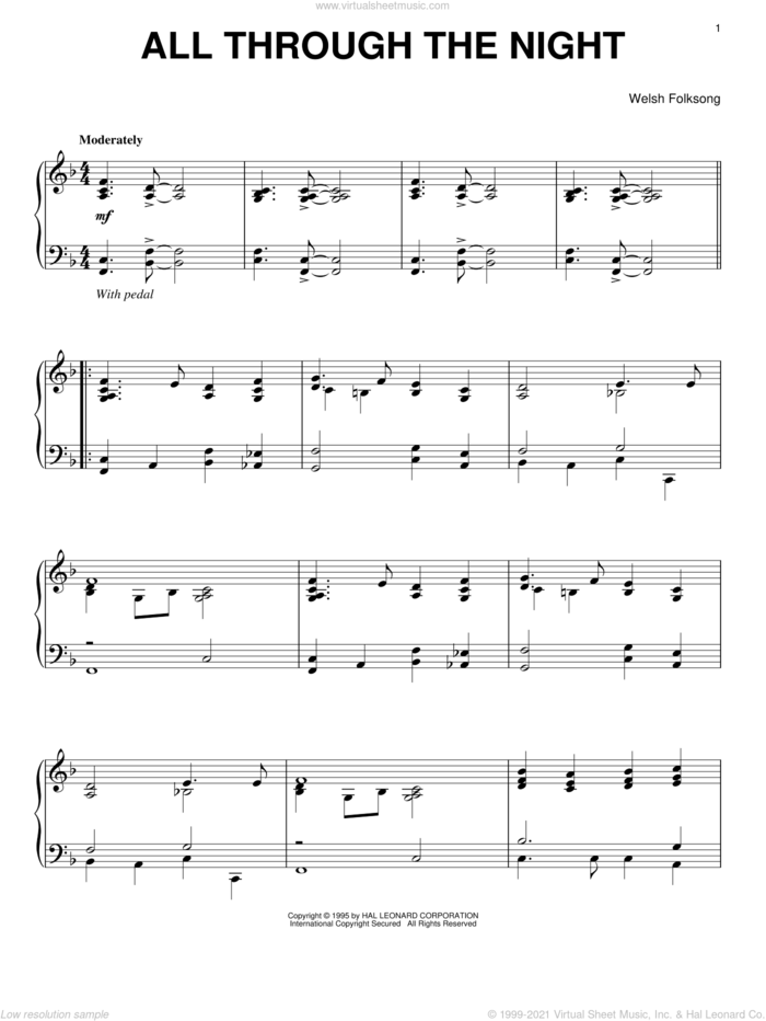 All Through The Night, (intermediate) sheet music for piano solo, intermediate skill level