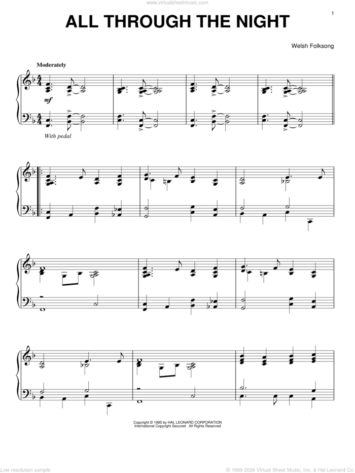 All Through The Night, (intermediate) sheet music for piano solo, intermediate skill level