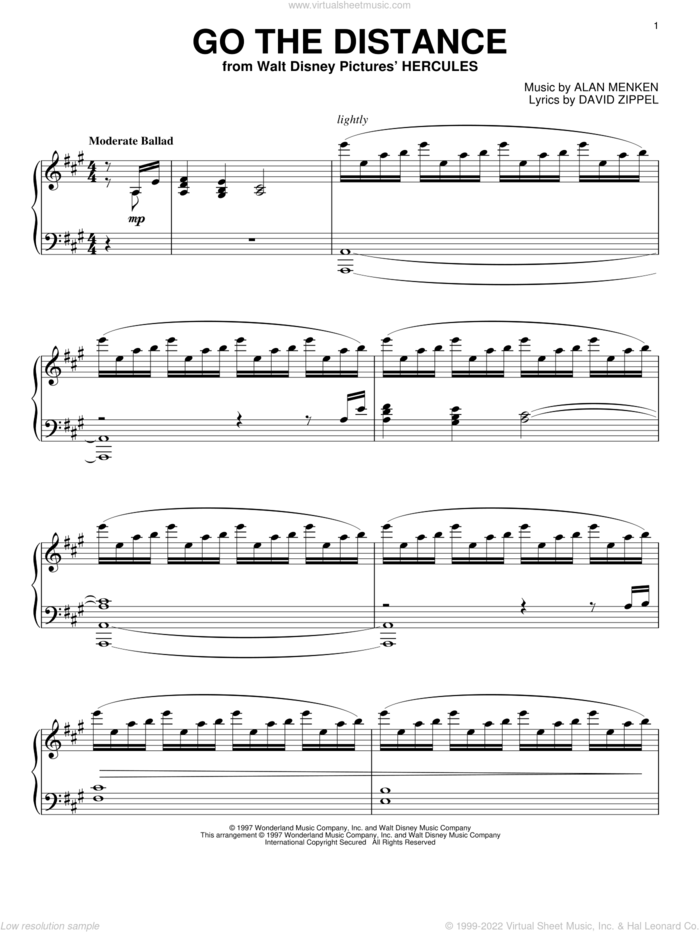 Go The Distance (from Hercules) sheet music for piano solo by Alan Menken, Michael Bolton and David Zippel, intermediate skill level