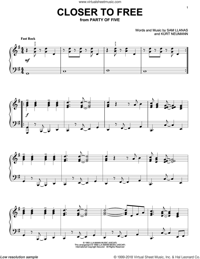 Closer To Free sheet music for piano solo by BoDeans, Kurt Neumann and Sam Llanas, intermediate skill level