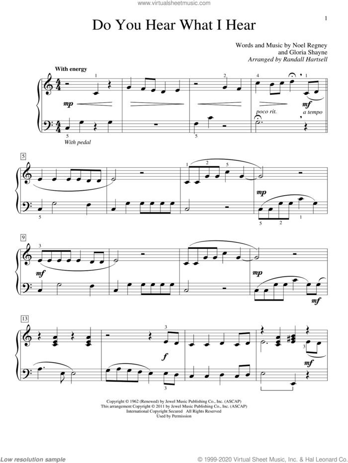 Do You Hear What I Hear, (beginner) sheet music for piano solo (elementary) by Gloria Shayne, Randall Hartsell and Noel Regney, beginner piano (elementary)