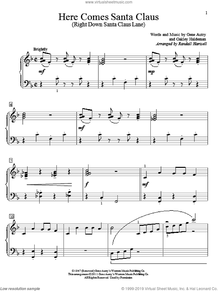Here Comes Santa Claus (Right Down Santa Claus Lane), (beginner) sheet music for piano solo (elementary) by Gene Autry, Randall Hartsell and Oakley Haldeman, beginner piano (elementary)