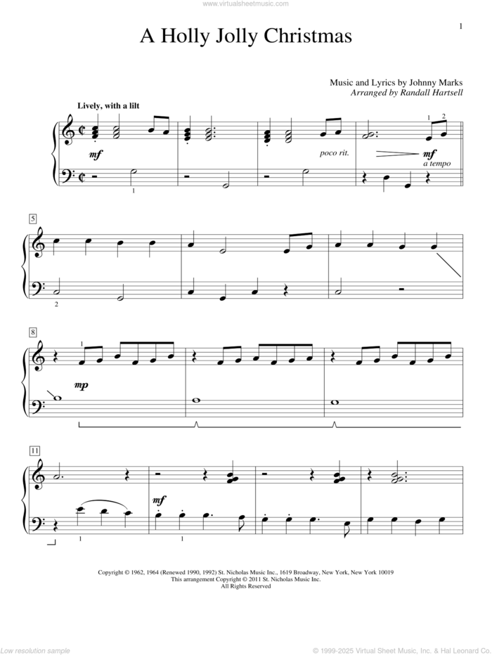 A Holly Jolly Christmas sheet music for piano solo (elementary) by Johnny Marks and Randall Hartsell, beginner piano (elementary)