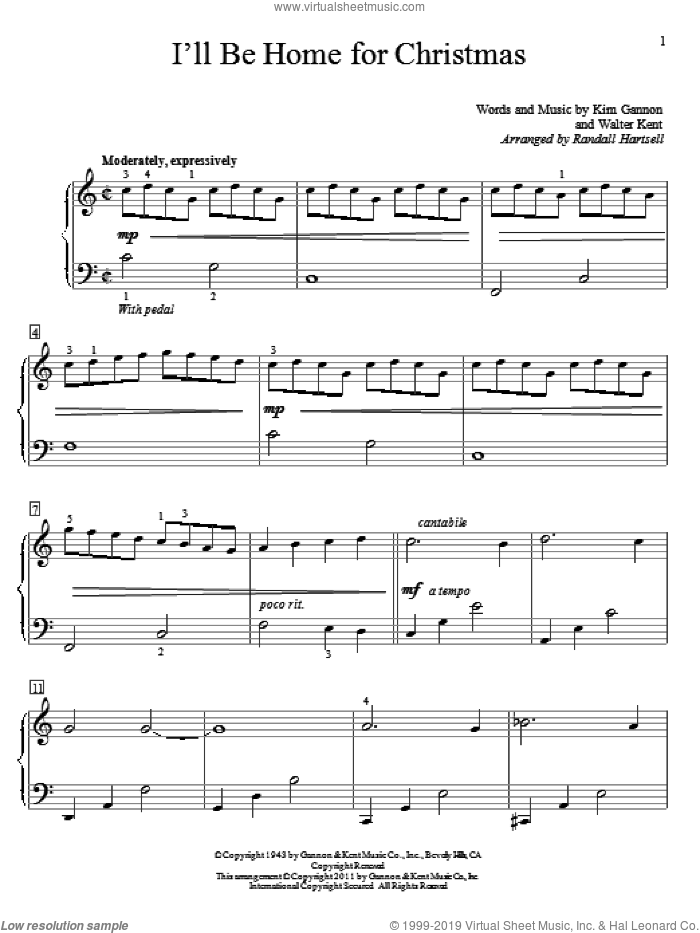 I'll Be Home For Christmas sheet music for piano solo (elementary) by Bing Crosby, Randall Hartsell, Kim Gannon and Walter Kent, beginner piano (elementary)